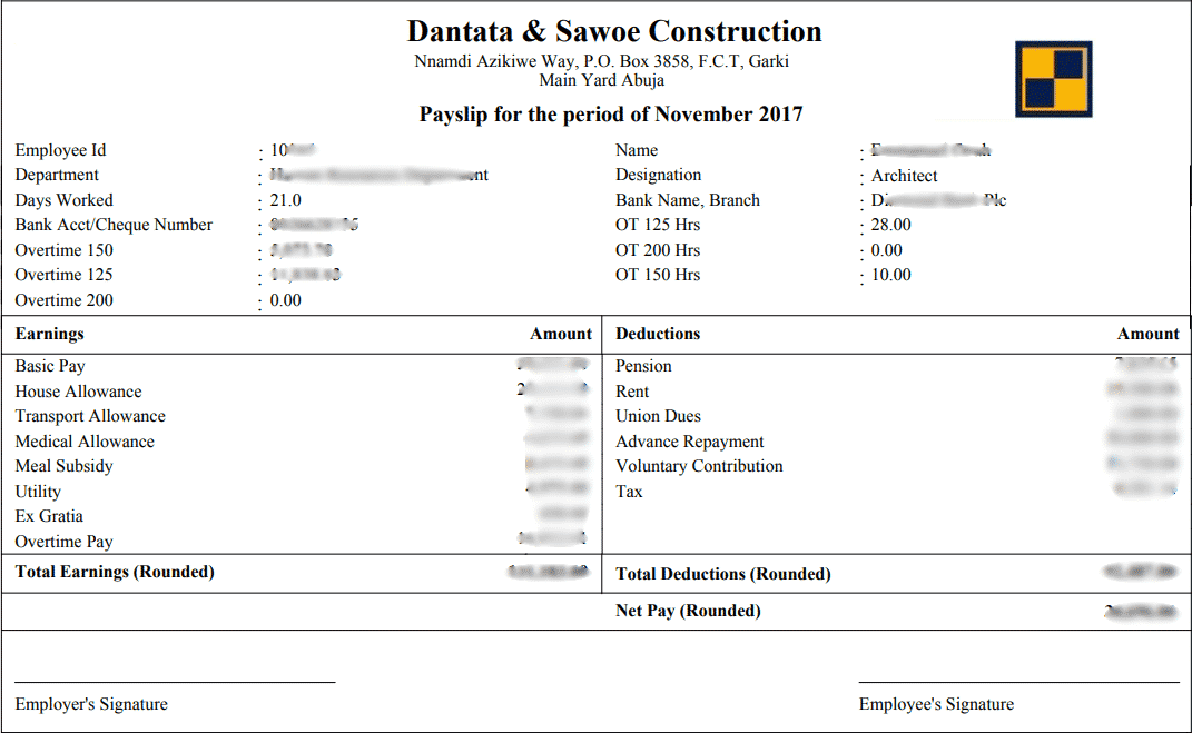 Payslip from AttendHRM for Dantata and Sawoe Consturction Nigeria Limited