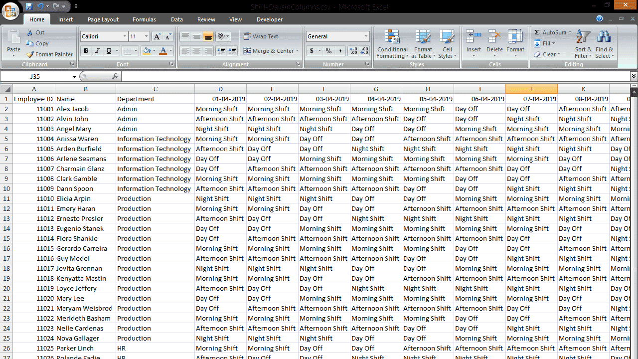 Date in Columns Data