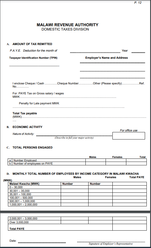 Form P12 Malawi Revenue Authority