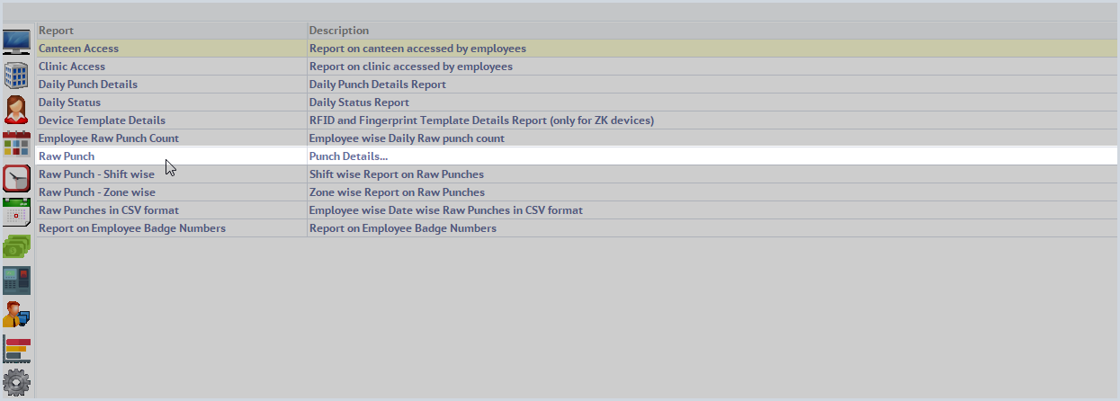 Attendance Software - Raw Punch Menu