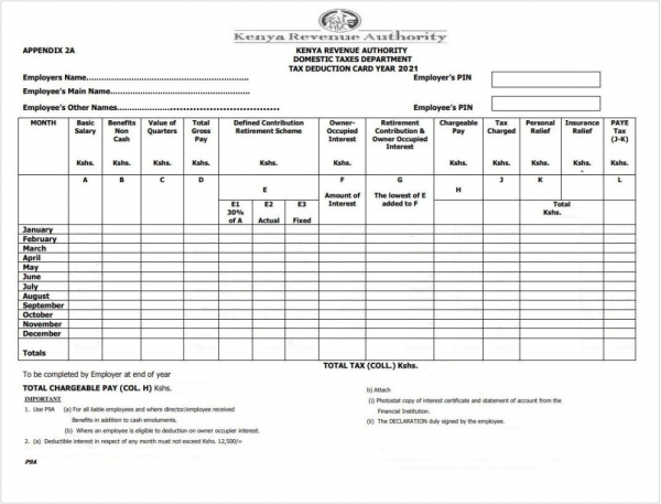 Kenya Revenue Authority - KRA - P9 form - Tax Deduction Card