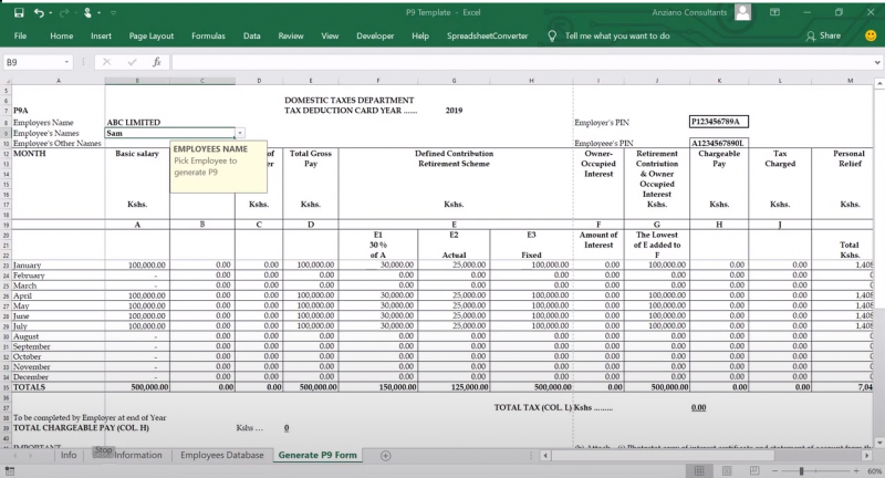 Kenya Revenue Authority - KRA - P9 form - Tax Deduction Card