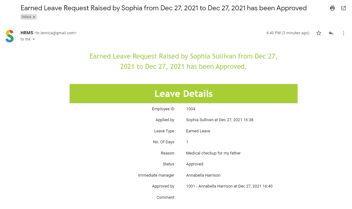 Earned Leave Approved Mail