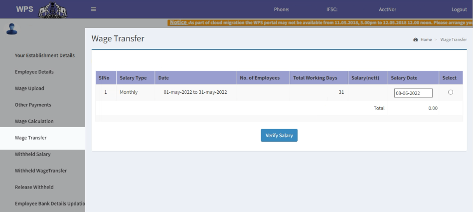 WPS Kerala - Wage Transfer