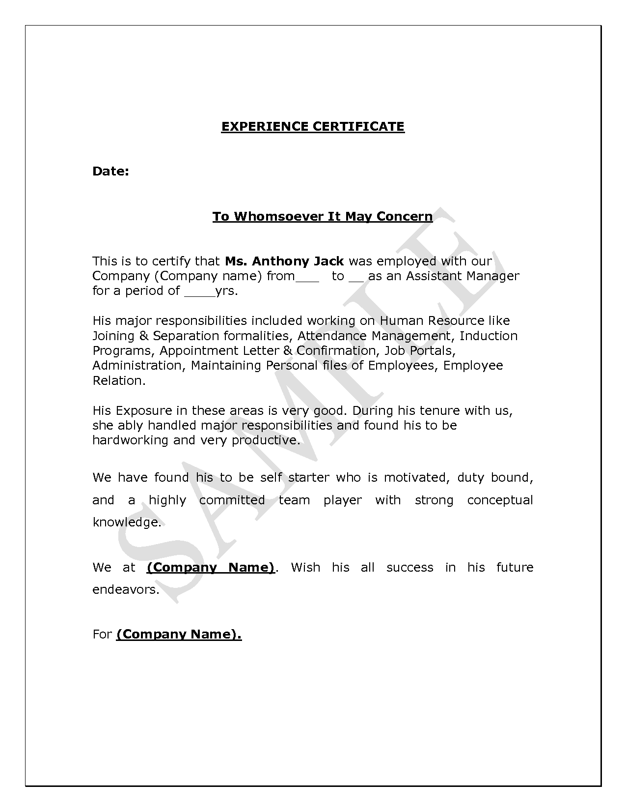 work experience certificate letter format